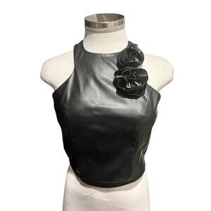Anthropologie Sunday in Brooklyn Black Crop Top Halter Neck Rosettes Size S NWT